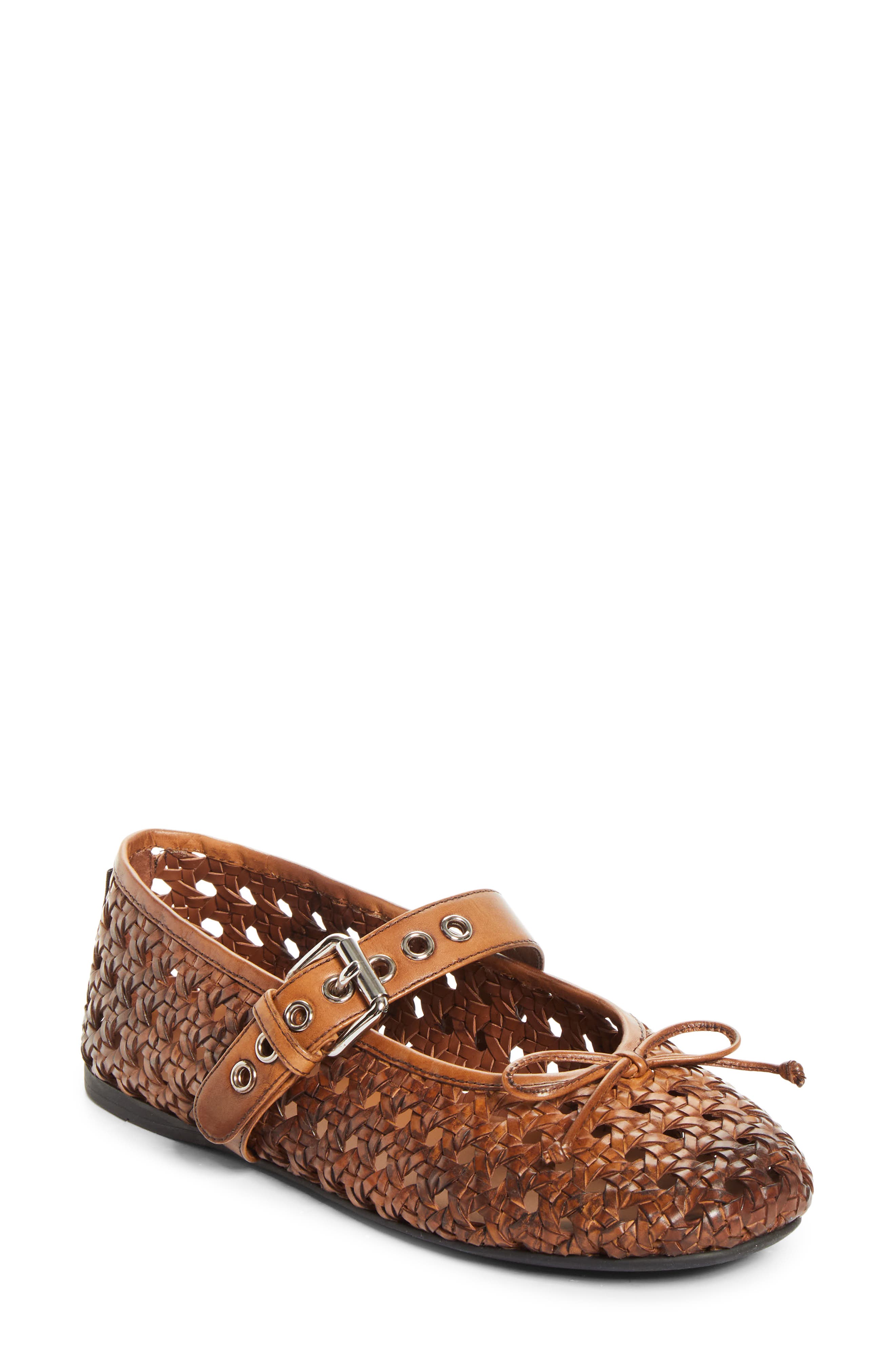 Miu Miu Woven Leather Mary Jane Flat, Main, color, Cognac