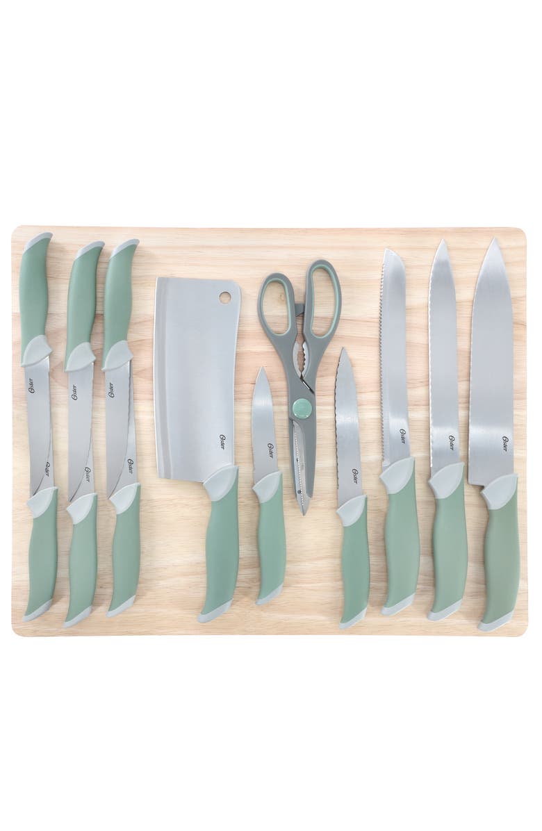 OSTER Linbergh 14 Piece Stainless Steel Cutlery and Cutting Board Set with Soft-Grip Handles, Main, color, Green