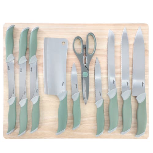 Oster Linbergh 14 Piece Stainless Steel Cutlery And Cutting Board Set With Soft-grip Handles In Green