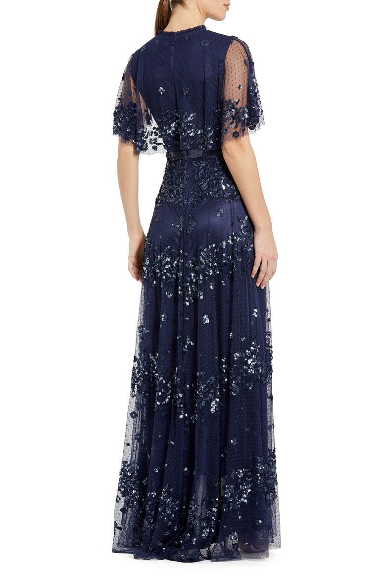 Sequined High Neck Flutter Sleeve A Line Gown, Alternate, color, MIDNIGHT