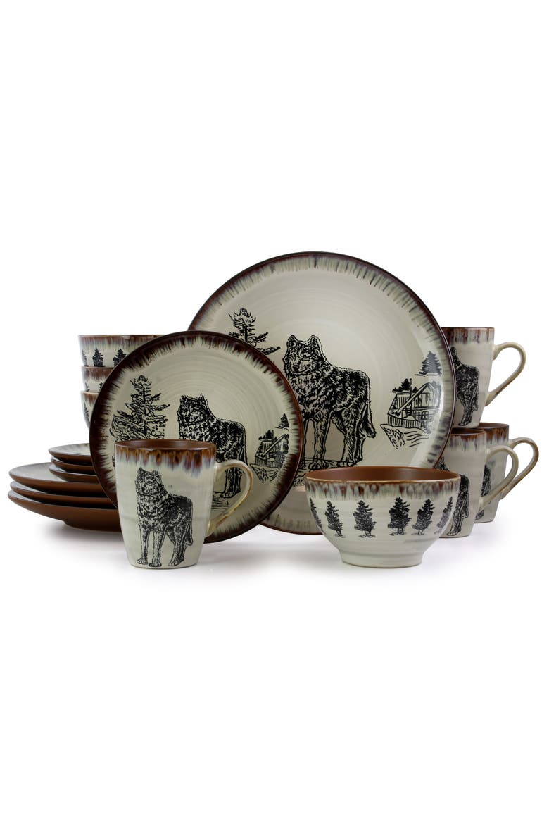 Majestic Wolf 16 Piece Stoneware Dinnerware, Main, color, Beige