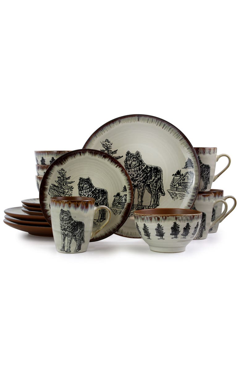Elama Majestic Wolf 16 Piece Luxurious Stoneware Dinnerware with Complete Setting for 4, Main, color, Beige
