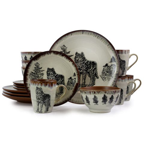 Majestic Wolf 16 Piece Luxurious Stoneware Dinnerware with Complete Setting for 4