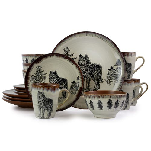 Elama Majestic Wolf 16 Piece Luxurious Stoneware Dinnerware With Complete Setting For 4 In Multi