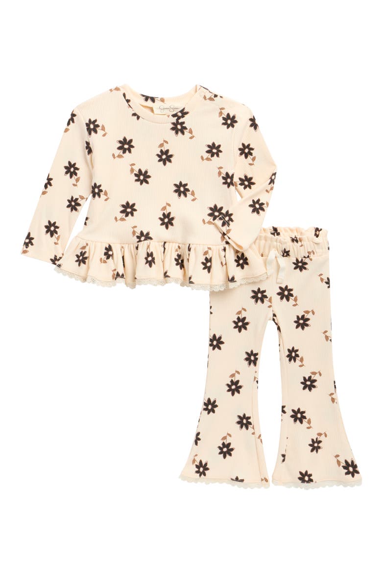Stretch Rib Long Sleeve Top & Flare Pants Set, Main, color, TAUPE