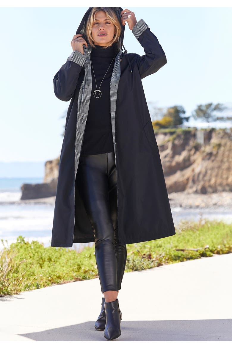 Contrast Hood Raincoat, Alternate, color, BLACK IVORY GLEN PLAID