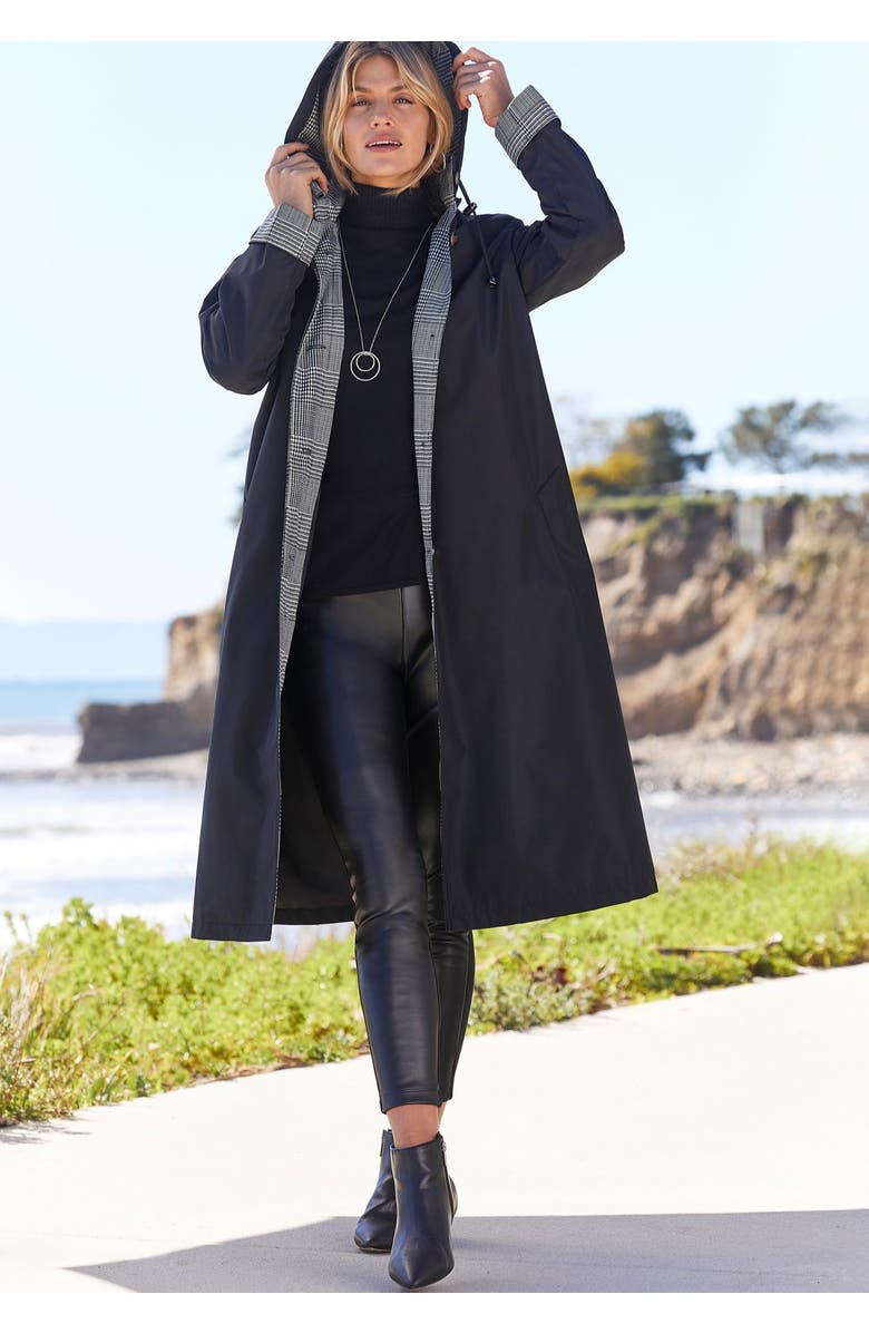Jessica London Contrast Hood Raincoat, Alternate, color, Black Ivory Glen Plaid