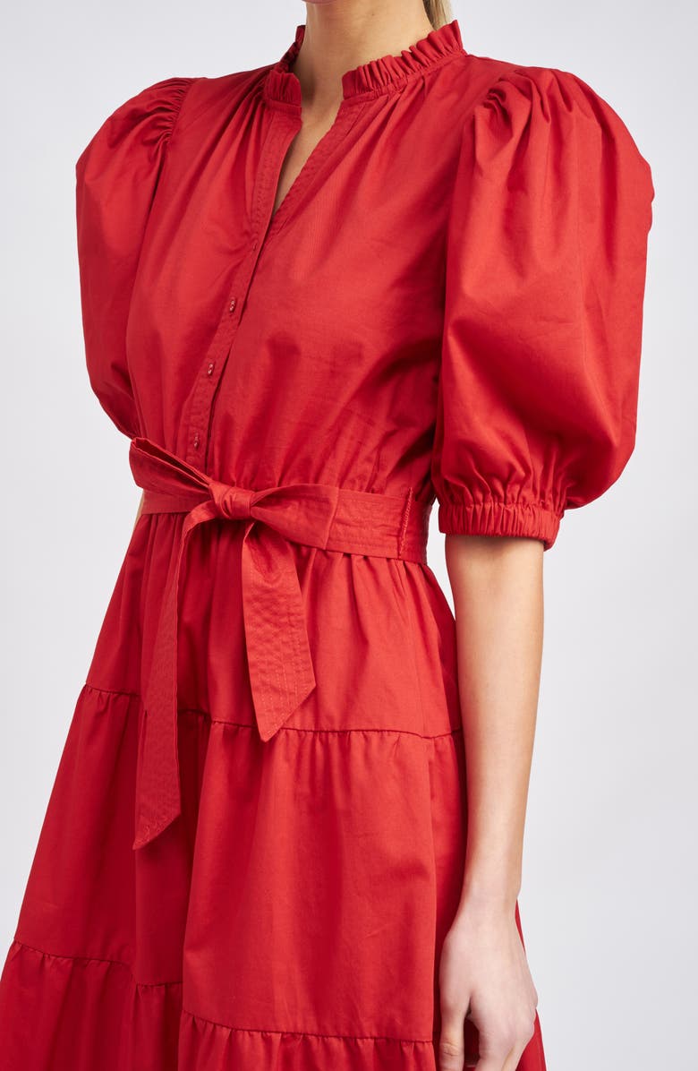 En Saison Tiered Tie Waist Puff Sleeve Poplin Midi Dress, Alternate, color, 