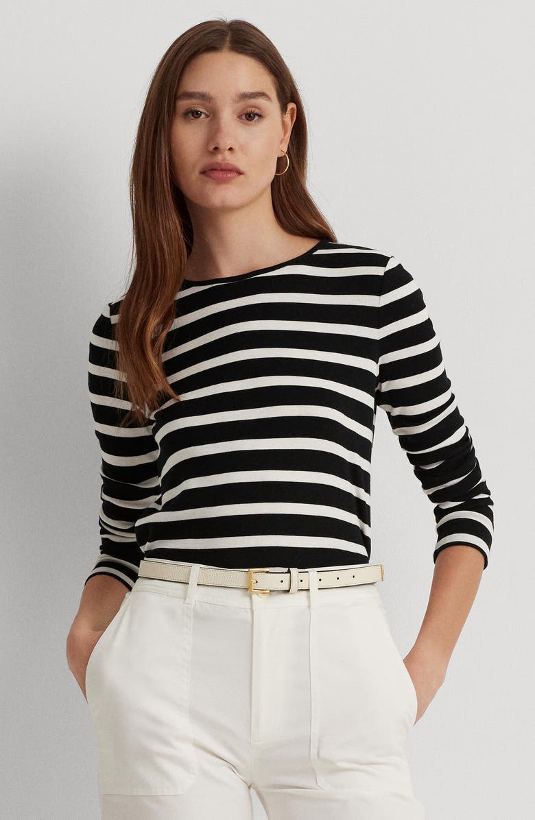 Lauren Ralph Lauren Stripe Cotton Long Sleeve Tee, Alternate, color, Blk/Wht