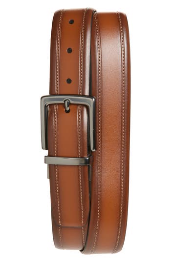 Original Penguin Brownie Reversible Leather Belt In Tan/black