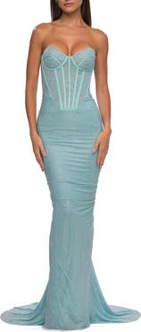 La Femme Corset Style Prom Dress with Rhinestone Fabric