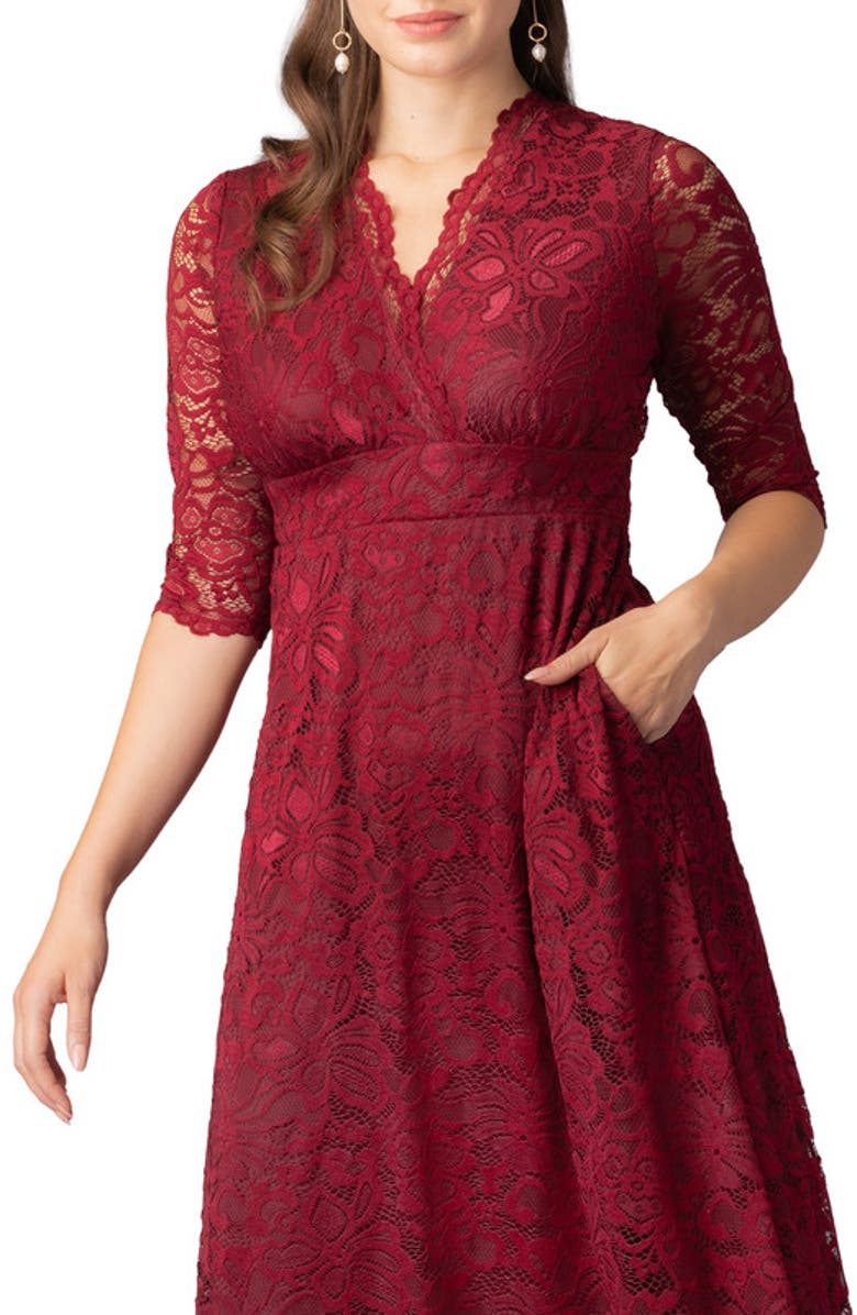 Kiyonna Maria Lace A-Line Evening Gown with Pockets, Alternate, color, Pinot Noir