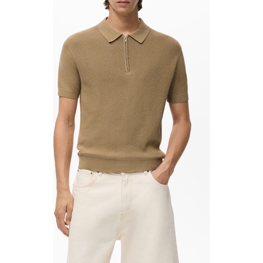 Mango Openwork Zip Polo In Neutral