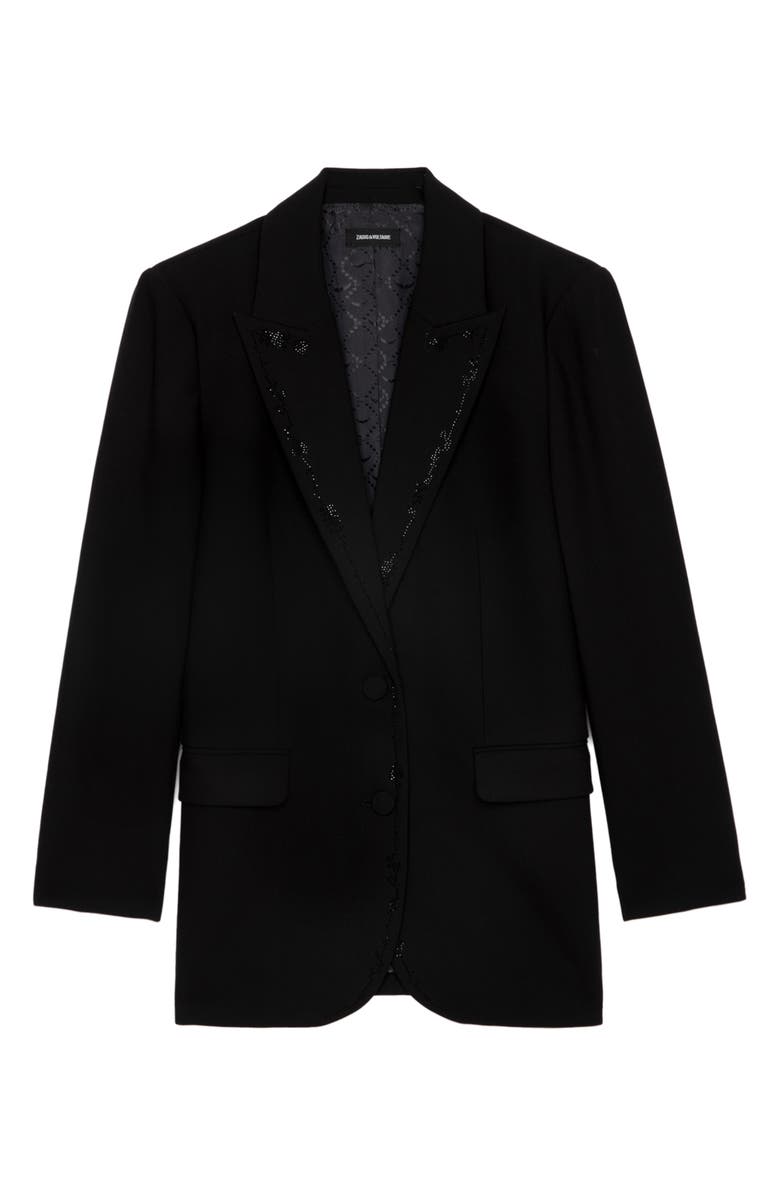 Zadig & Voltaire Viva Crystal Embellished Single Breasted Stretch Crepe Blazer, Alternate, color, 