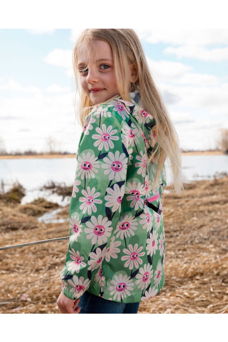 Packable Smiling Flower Windbreaker in Polyester, Alternate, color, Green Smiling Flower Print