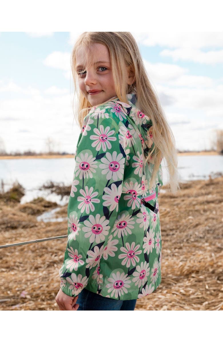Deux par Deux Packable Smiling Flower Windbreaker in Polyester, Alternate, color, Green Smiling Flower Print