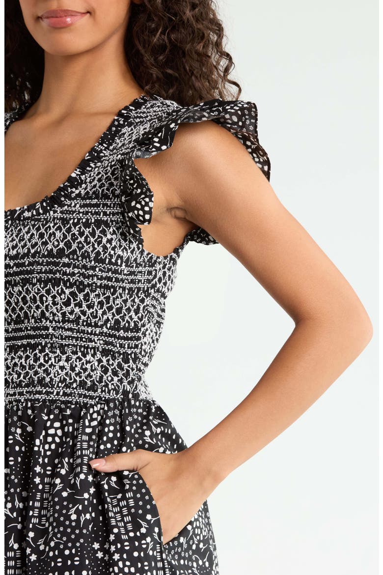 Floral Print Smocked Dress, Alternate, color, BLACK-WHITE