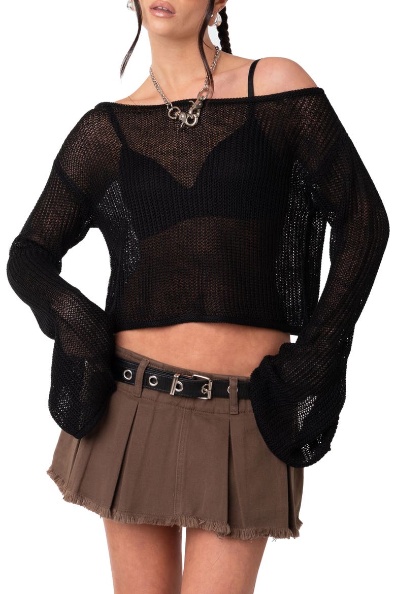 Emmie Off the Shoulder Sheer Sweater, Main, color, BLACK