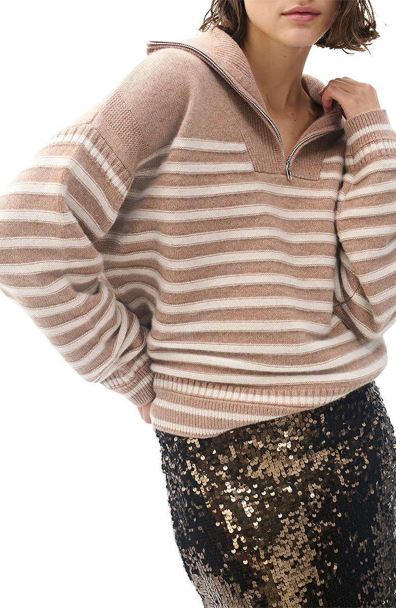 rag & bone Raven Stripe Wool & Cashmere Quarter Zip Sweater, Alternate, color, Camel