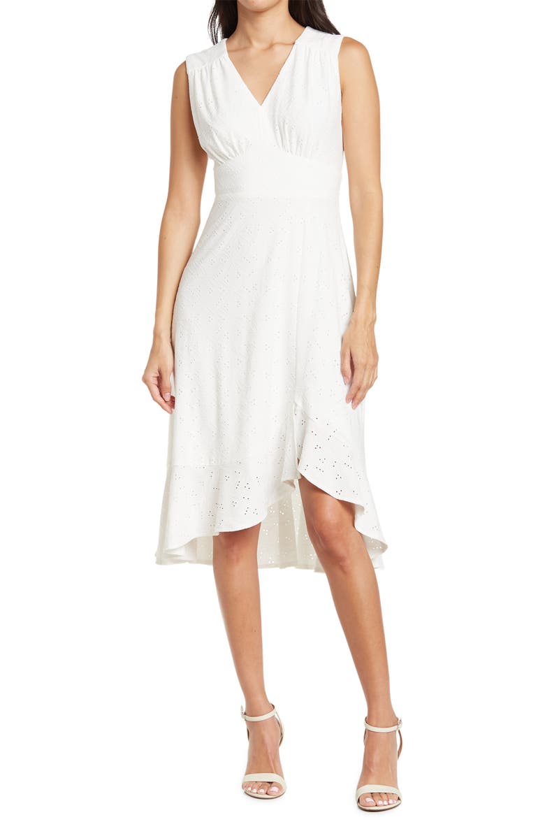 London Times V-Neck Sleeveless Eyelet Empire Waist Flare Dress, Main, color,