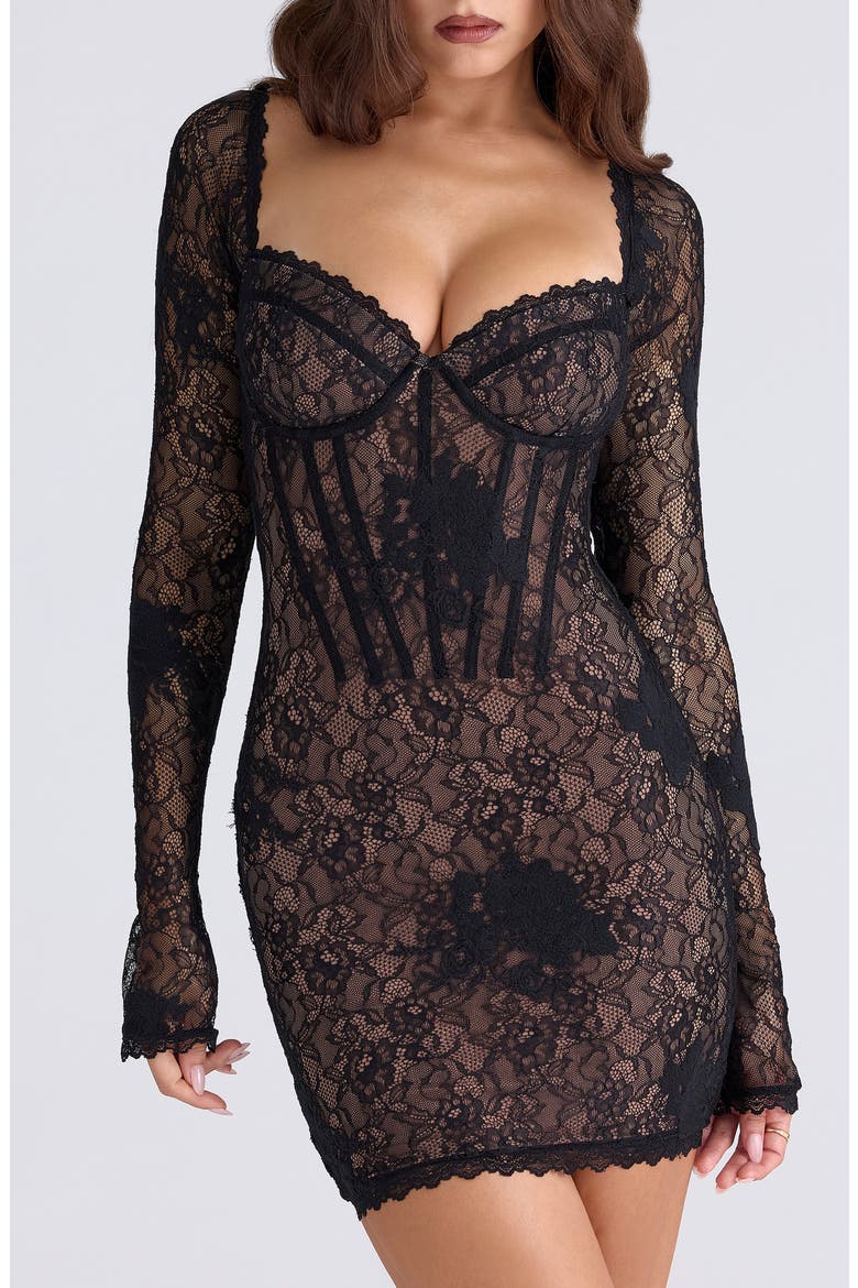 Lucienne Long Sleeve Stretch Lace Minidress, Alternate, color, BLACK