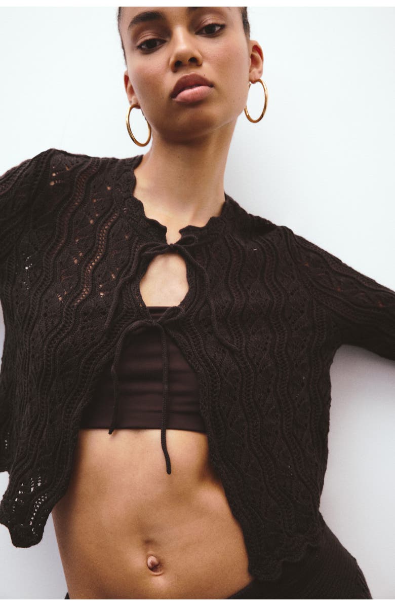 H&M Pointelle-knit tie-front cardigan, Main, color, Dark Brown