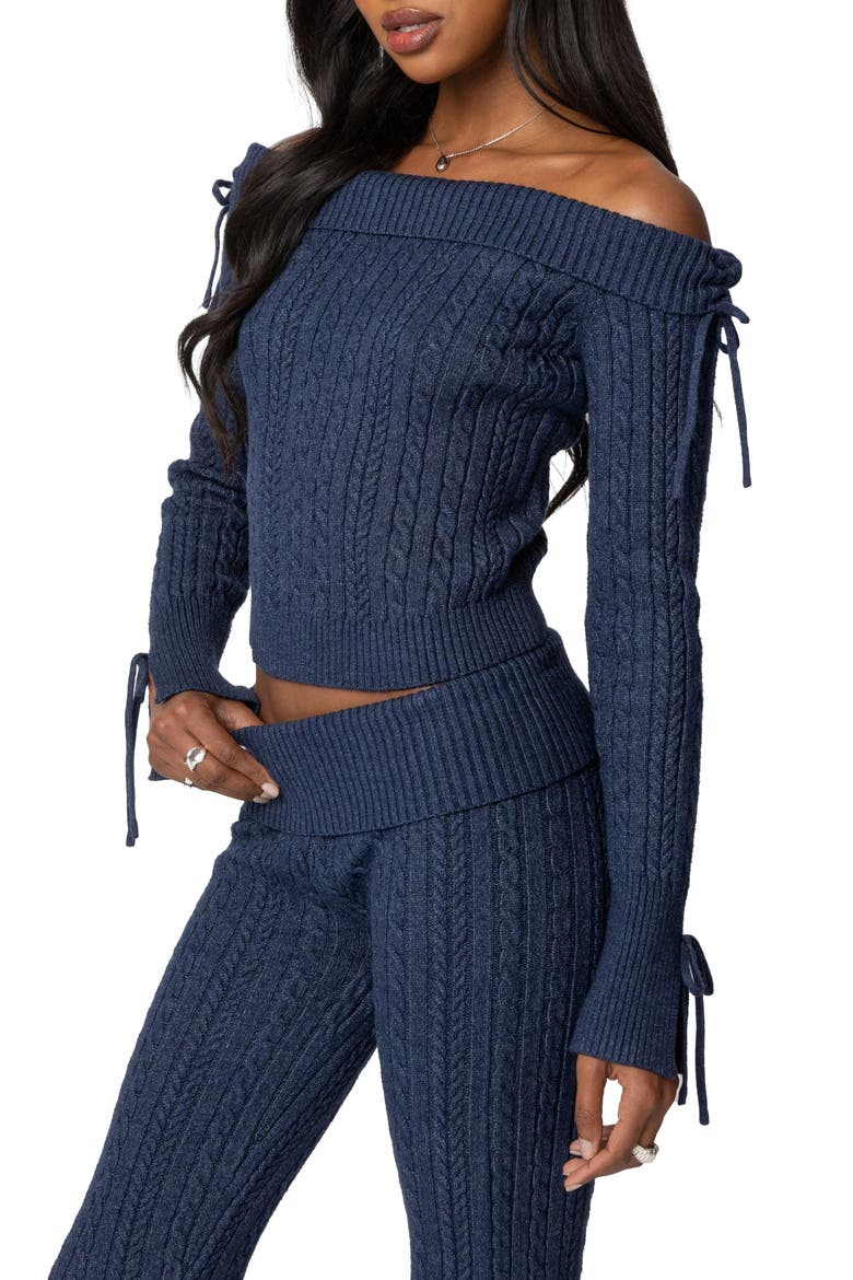 Chase Foldover Off the Shoulder Bow Trim Sweater, Alternate, color, NAVY