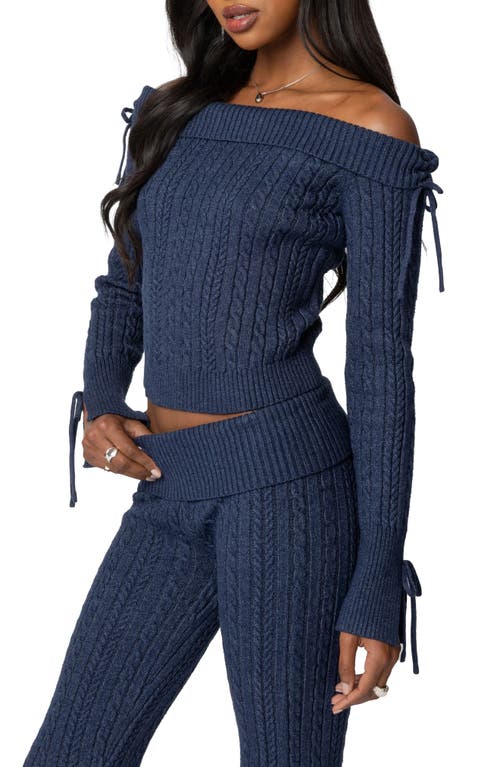 Edikted Chase Foldover Off The Shoulder Bow Trim Sweater In Navy