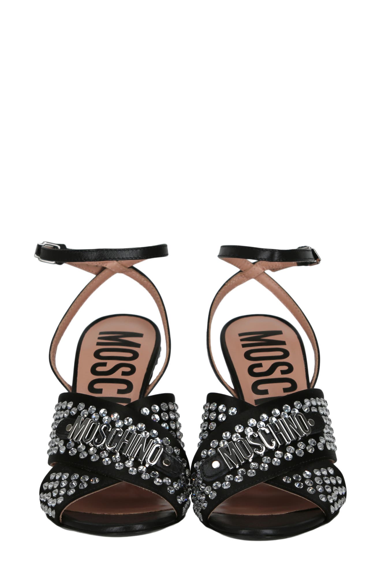 Moschino Crystal Embellished Satin Sandal, Alternate, color, Black
