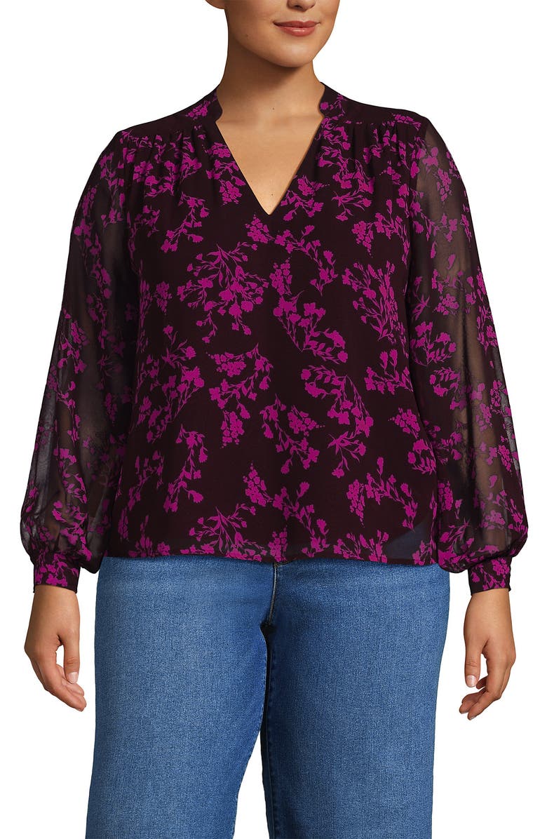 Lands' End Chiffon Removable Tie Neck Blouse, Alternate, color, Lush Burgundy Wildflowers