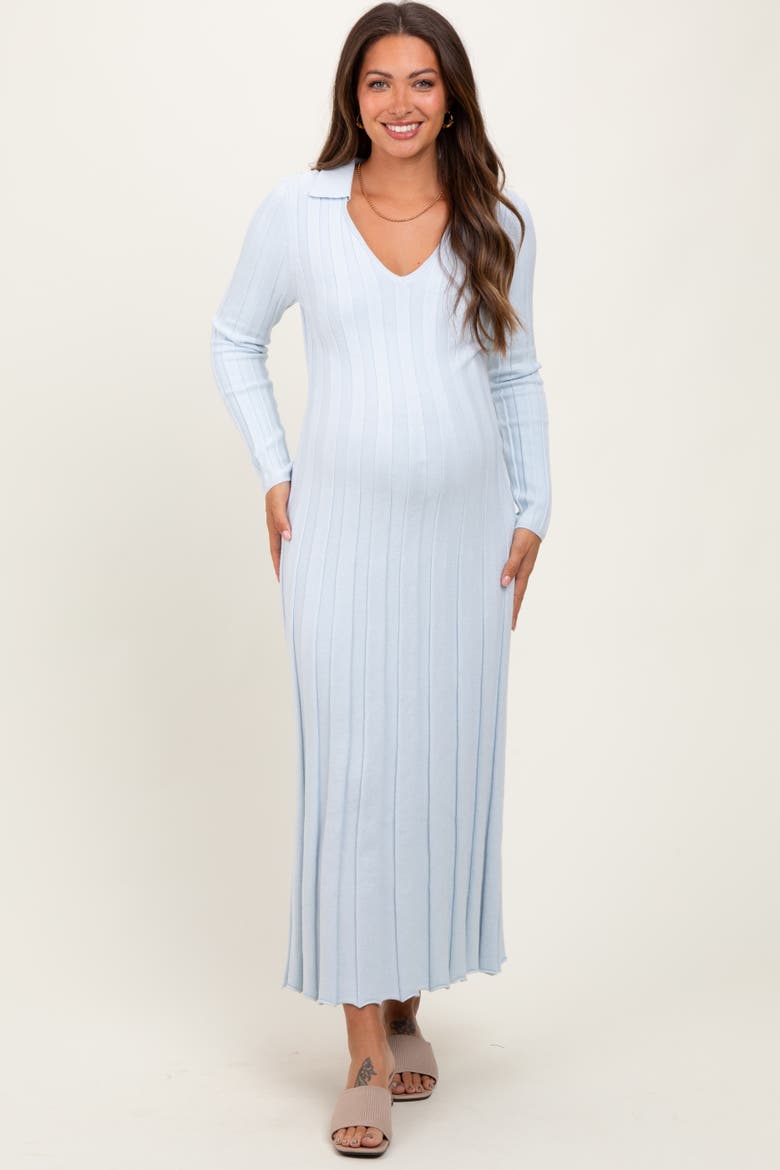 Wide Ribbed Knit Collared Midi Dress, Alternate, color, Light Blue