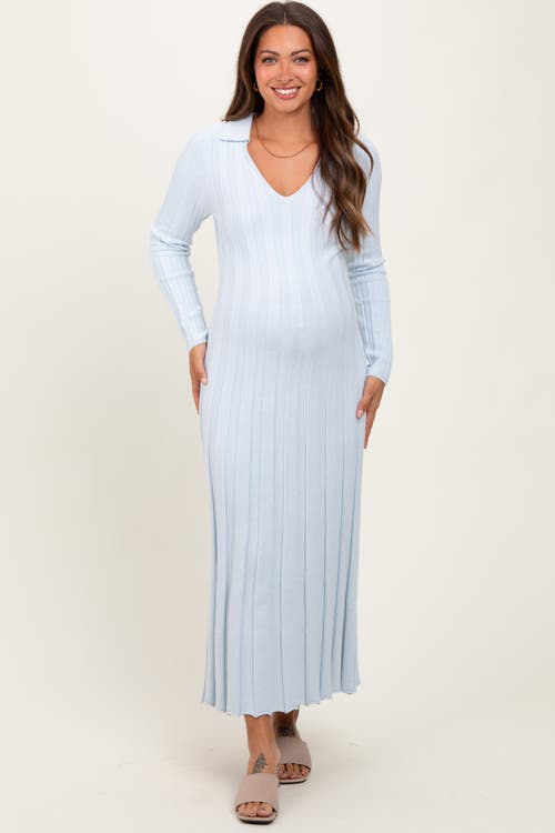 Pinkblush Wide Ribbed Knit Collared Midi Dress In Blue