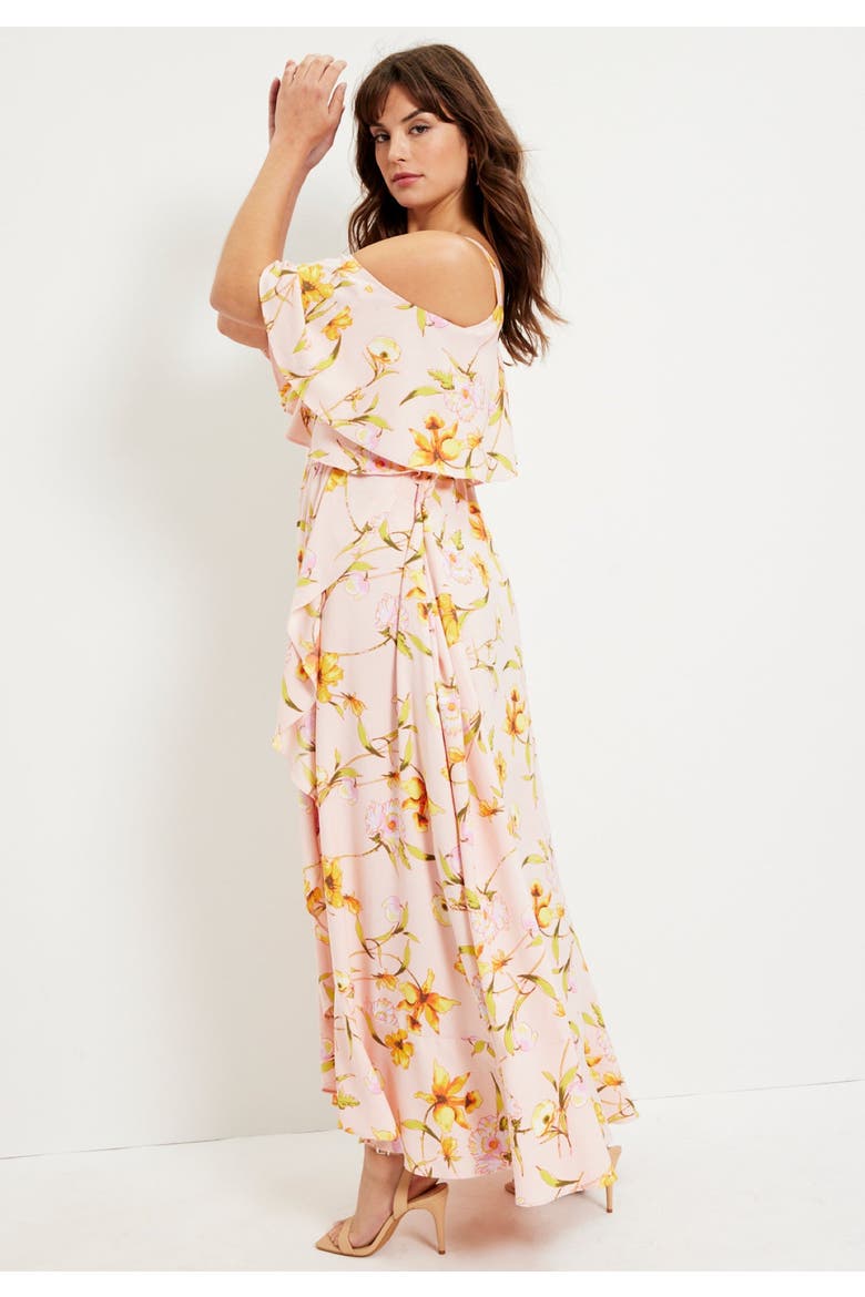 Cold Shoulder Faux Wrap Maxi Dress, Alternate, color, FLOWER FIELD BURGUNDY