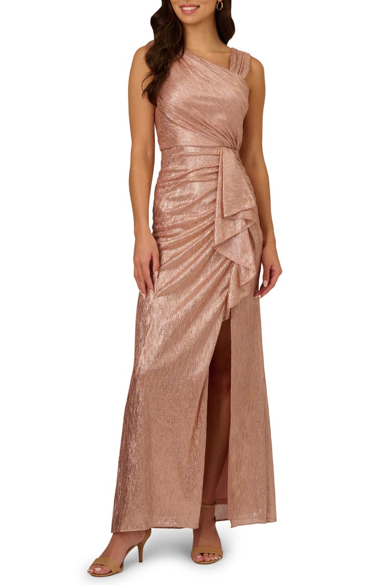 Adrianna Papell Metallic Foil Gown, Main, color, Rose Gold