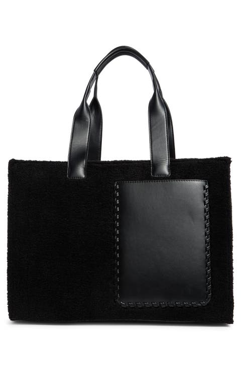 Whipstitch Faux Shearling Tote Bag with Pouch
