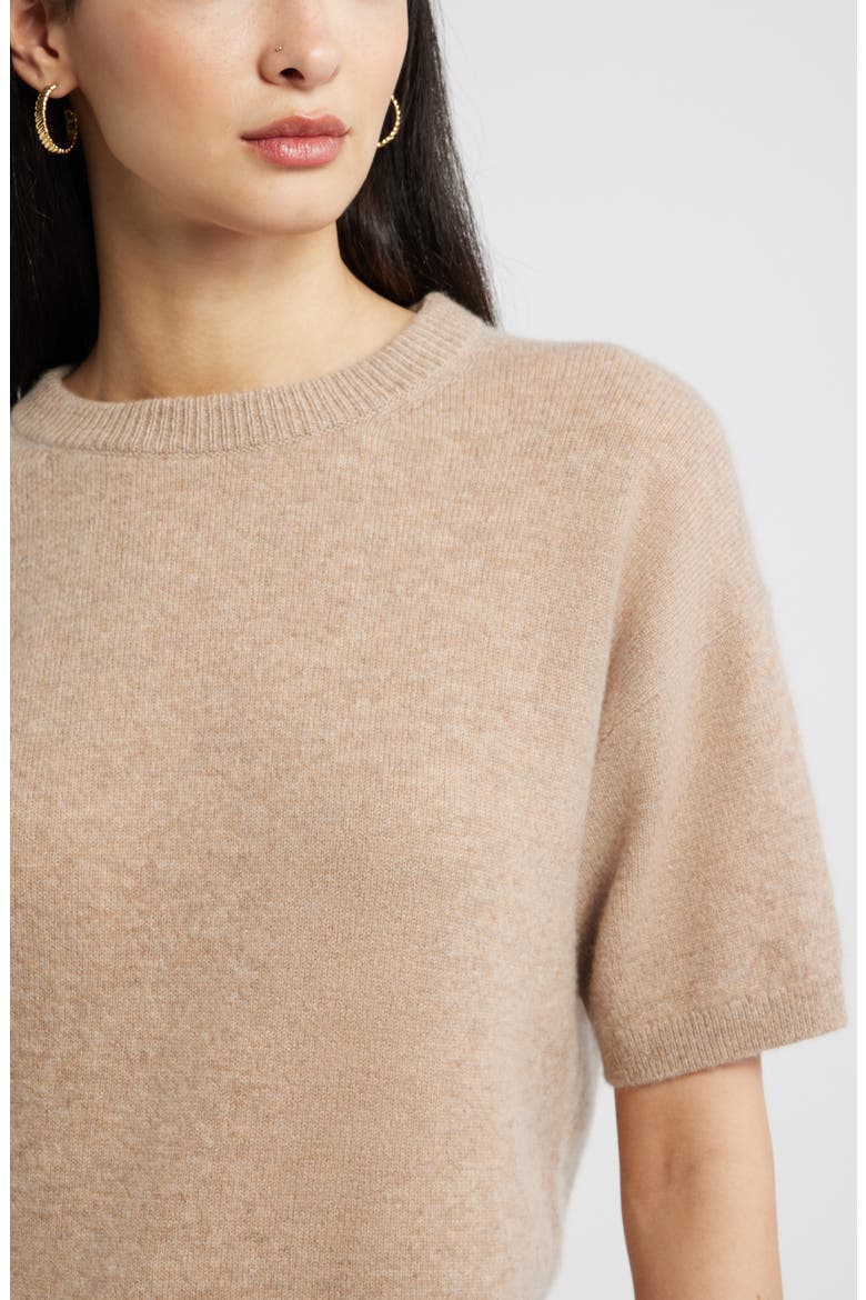 Short Sleeve Cashmere Sweater, Alternate, color, TAN CAMEL DARK HEATHER