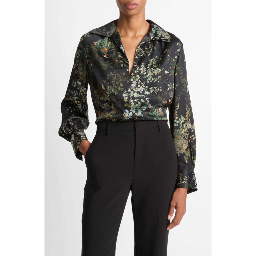 Vince Grape Vine Silk Button-up Shirt In Black