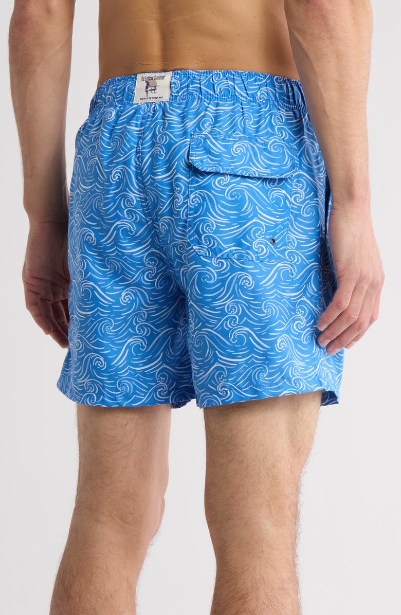 Vintage Summer Wave Print Swim Trunks, Alternate, color, Blue