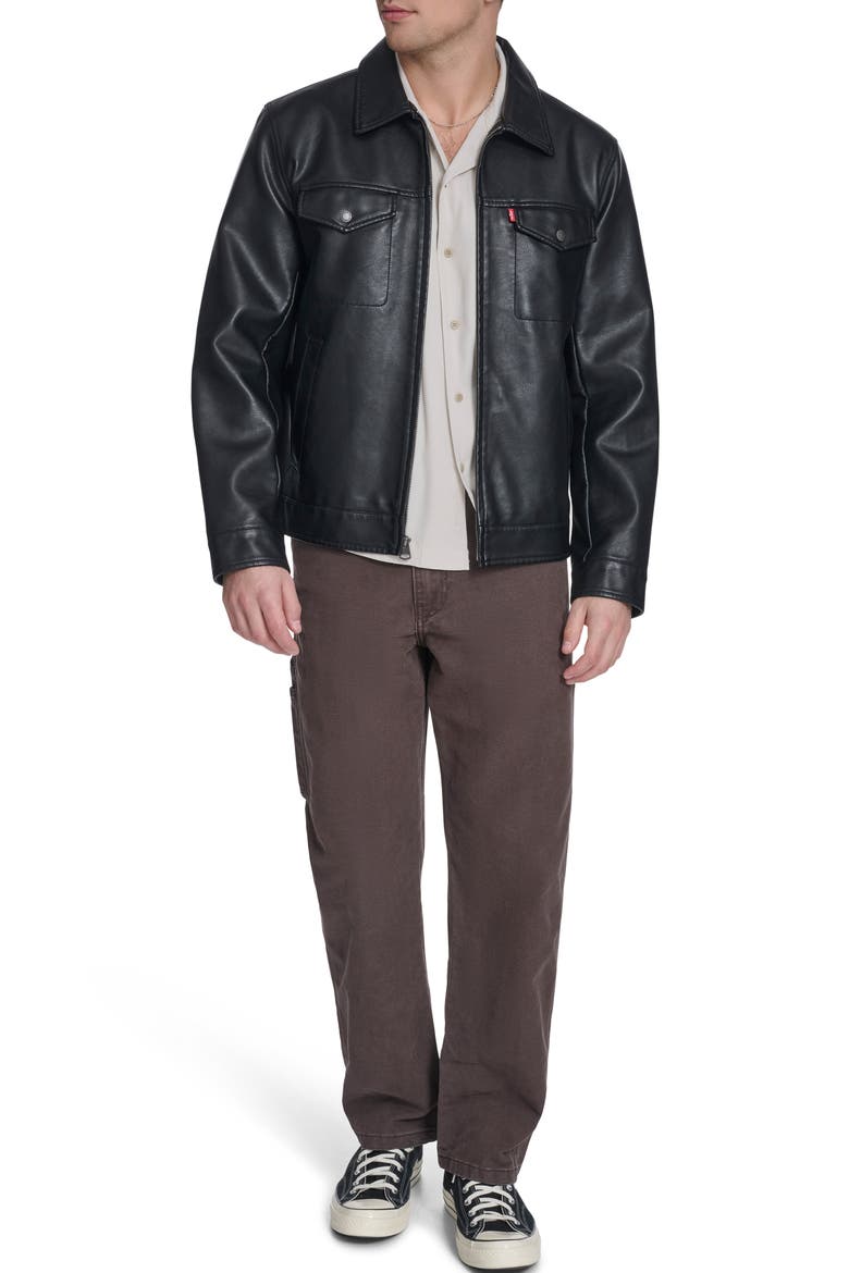 Faux Leather Trucker Jacket, Alternate, color, BLACK