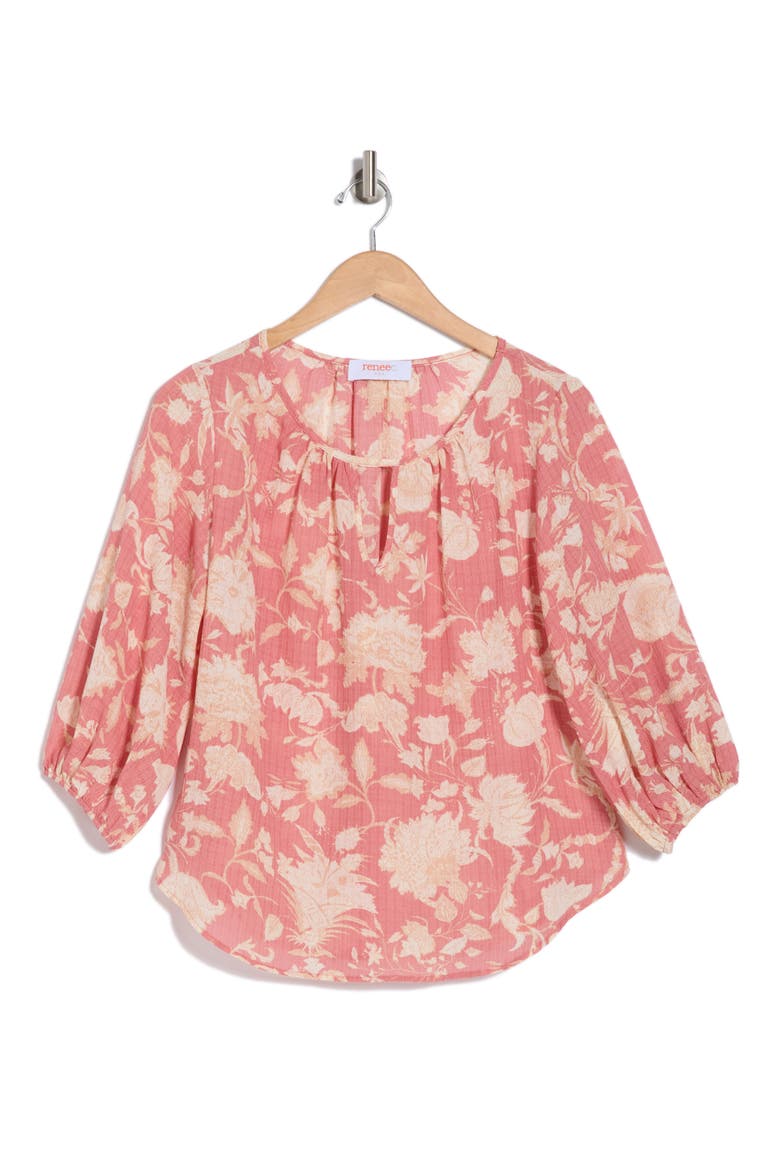 Floral Keyhole Balloon Sleeve Top, Alternate, color, PINK