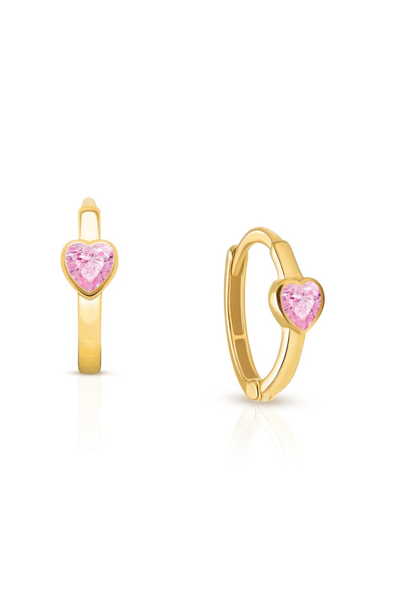 14K Gold True Love Pink Heart Huggie Hoop Earrings, Main, color, 14K Yellow Gold
