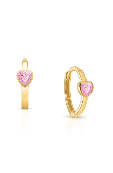 14K Gold True Love Pink Heart Huggie Hoop Earrings