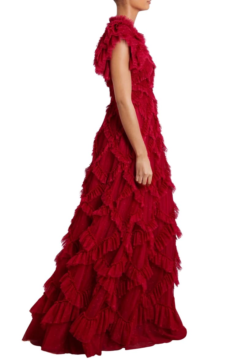 Genevieve Ruffle Short Sleeve Maxi Gown, Alternate, color, Deep Red/Fuchsia