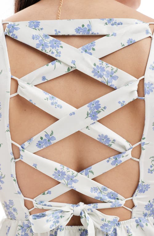 Miss Selfridge Satin Lace Up Back Ruffle Hem Mini Dress In Floral Print-multi In White Multi