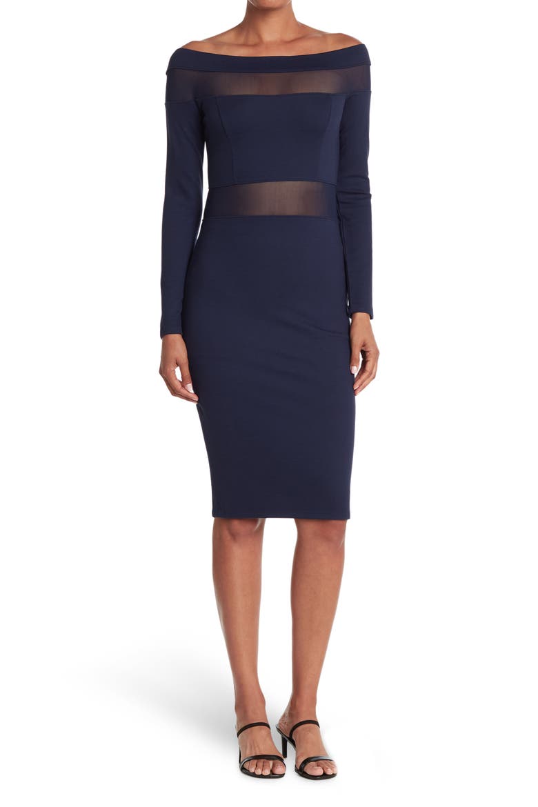 Love by Design Off-the-Shoulder Mesh Panel Bodycon Dress, Main, color, NAVY BLAZER