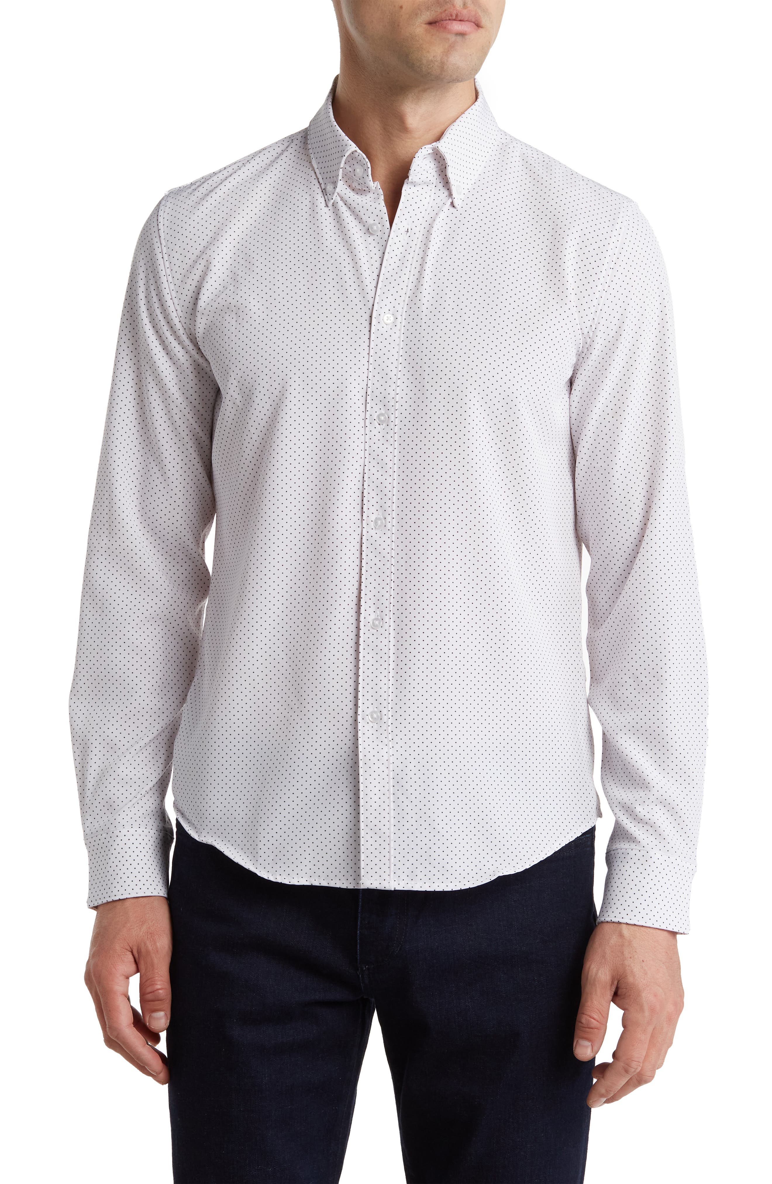 DENIM AND FLOWER Polka Dot Print Stretch Button-Up Sport Shirt