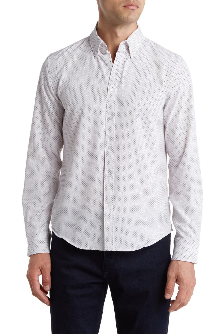 Polka Dot Print Stretch Button-Up Sport Shirt, Main, color, WHITE