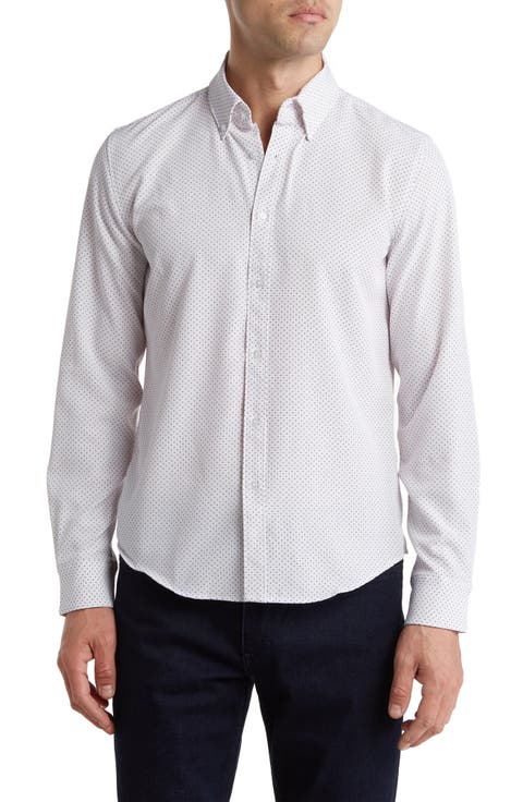 Polka Dot Print Stretch Button-Up Sport Shirt
