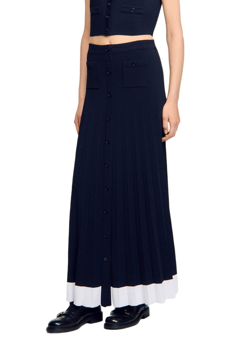 SANDRO Long two-tone knit skirt, Alternate, color, Navy Blue