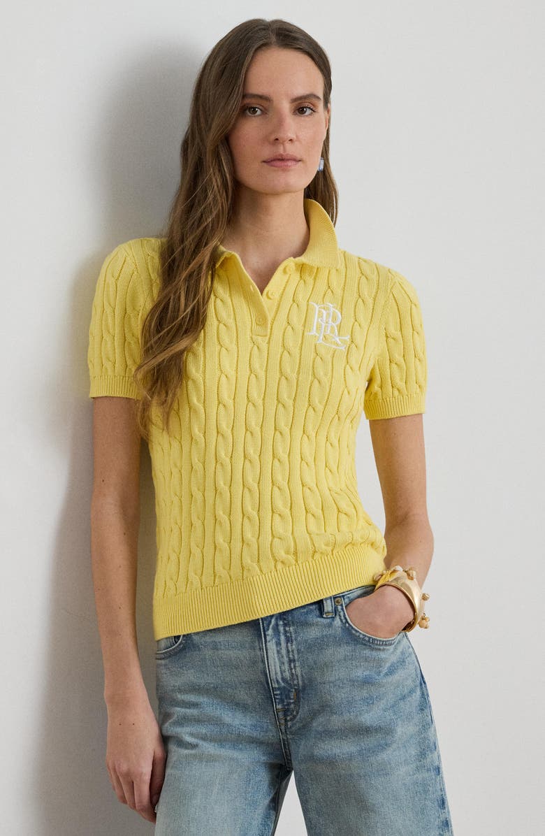 Lauren Ralph Lauren Natrissa Cable Stitch Cotton Polo Sweater, Alternate, color, Lemon Sorbet Yellow
